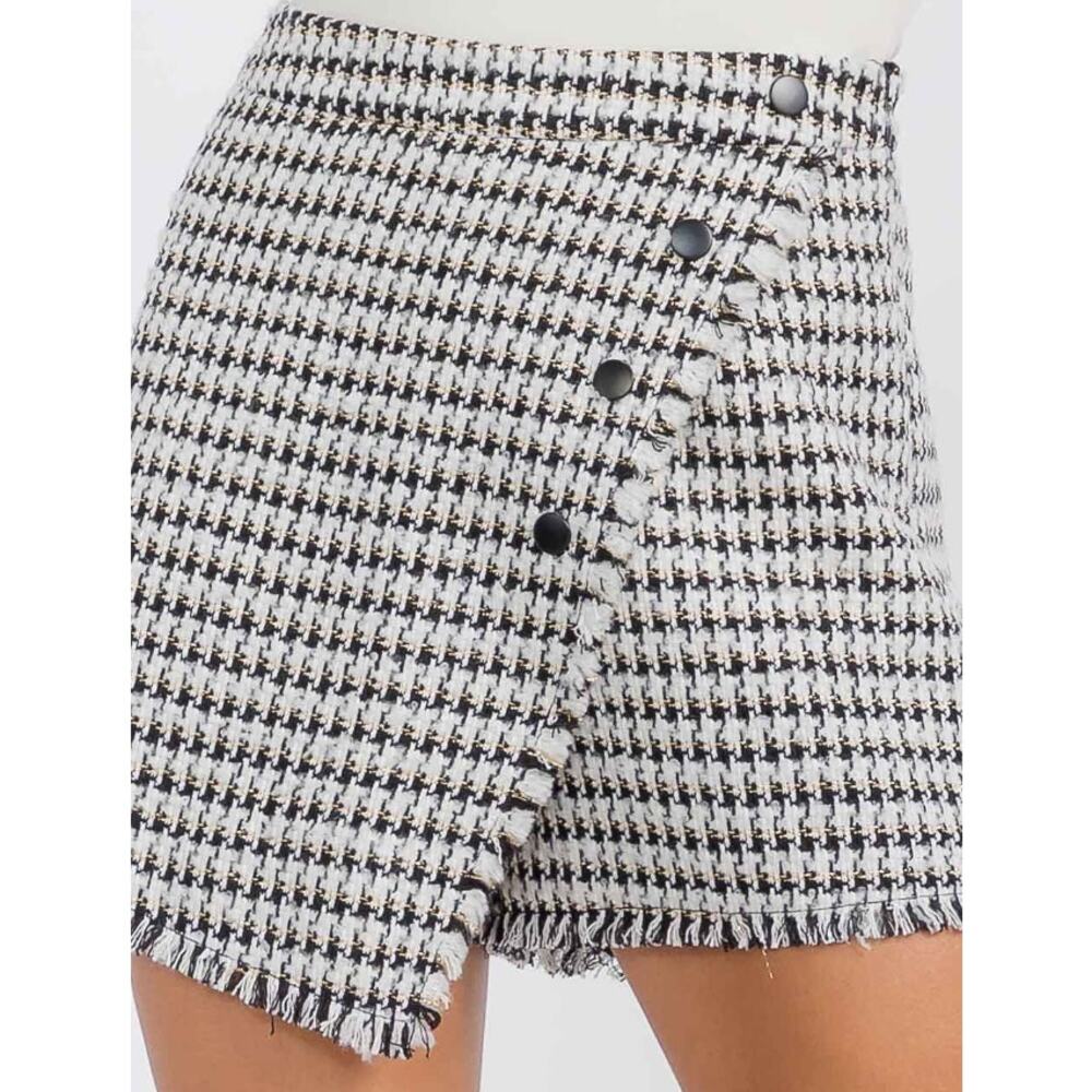 Tweed Houndstooth Skort Wrap Mini Skirt Button Front - Picture 3 of 5